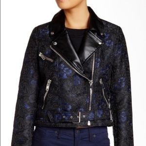 Black/Blue Zipper Lace Embroidered Leather Jacket